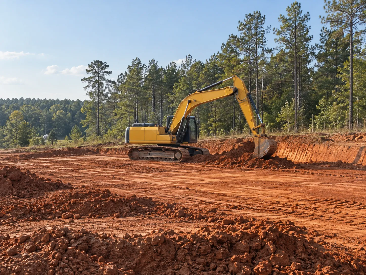 Illustration of an excavator shaping a red-clay building pad beside pine woods.