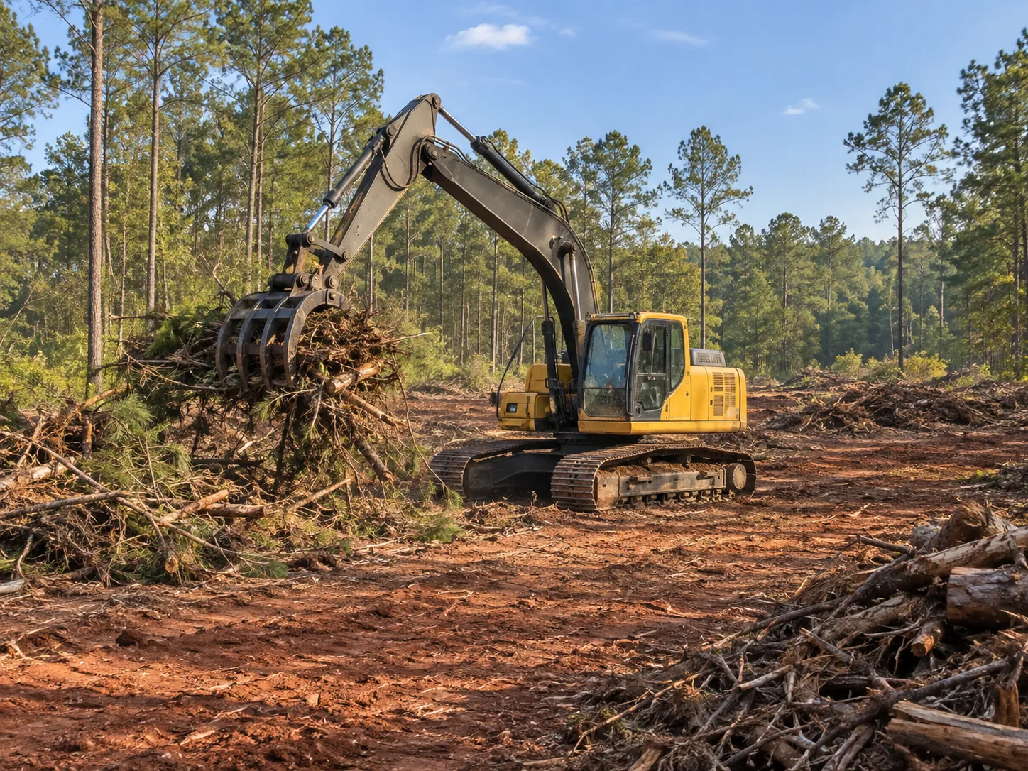 Illustration of an excavator clearing brush along a pine woodland edge.
